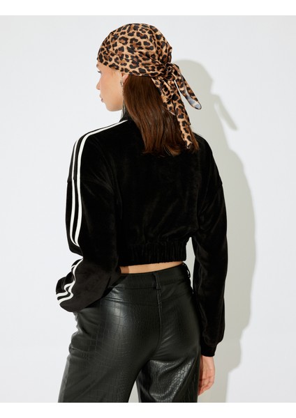 x Inji - Kadife Fermuarlı Şerit Detaylı Dik Yaka Asimetrik Crop Sweatshirt fırsatları