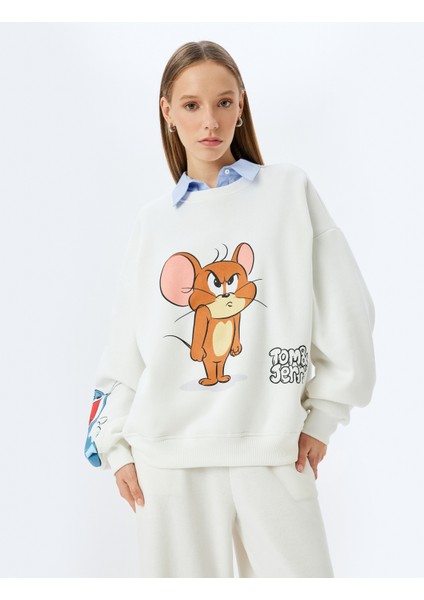 Tom ve Jerry Baskılı Bisiklet Yaka Şardonlu Rahat Kalıp Lisanslı Sweatshirt