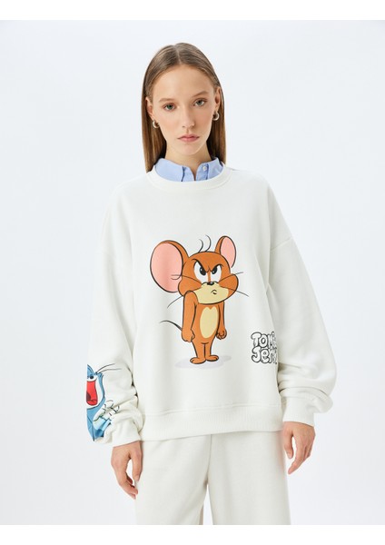 Tom ve Jerry Baskılı Bisiklet Yaka Şardonlu Rahat Kalıp Lisanslı Sweatshirt