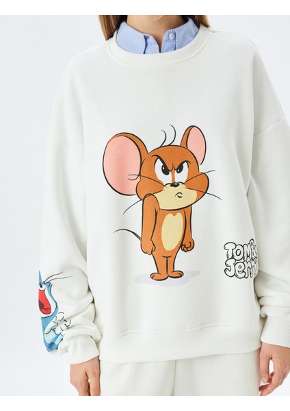 Tom ve Jerry Baskılı Bisiklet Yaka Şardonlu Rahat Kalıp Lisanslı Sweatshirt