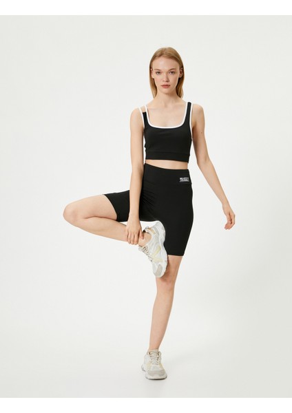 Spor Biker Tayt Yüksek Bel Baskılı Slim Fit Interlok