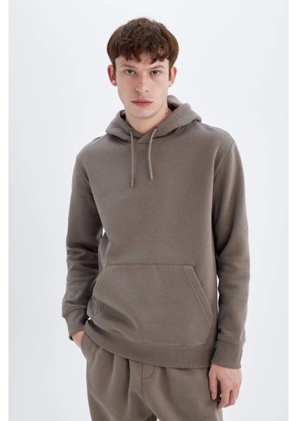X8283 Kahverengi Cepli Regular Fit Kapüşonlu Içi Yumuşak Tüylü Basic Düz Sweatshirt