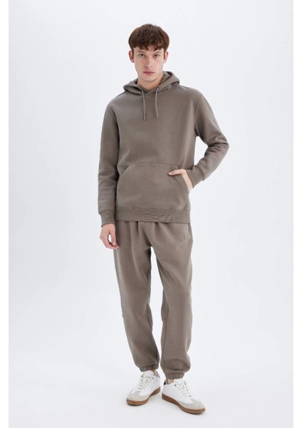 X8283 Kahverengi Cepli Regular Fit Kapüşonlu Içi Yumuşak Tüylü Basic Düz Sweatshirt