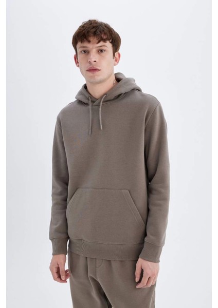 X8283 Kahverengi Cepli Regular Fit Kapüşonlu Içi Yumuşak Tüylü Basic Düz Sweatshirt