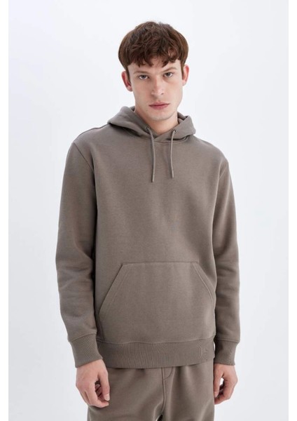 X8283 Kahverengi Cepli Regular Fit Kapüşonlu Içi Yumuşak Tüylü Basic Düz Sweatshirt