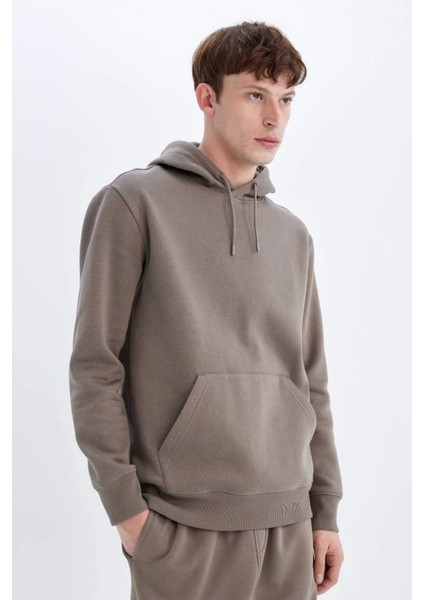 X8283 Kahverengi Cepli Regular Fit Kapüşonlu Içi Yumuşak Tüylü Basic Düz Sweatshirt