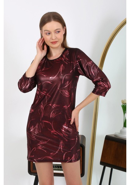 Kadın Micro Kumaş Mini Parlak Elbise 7420 Bordo