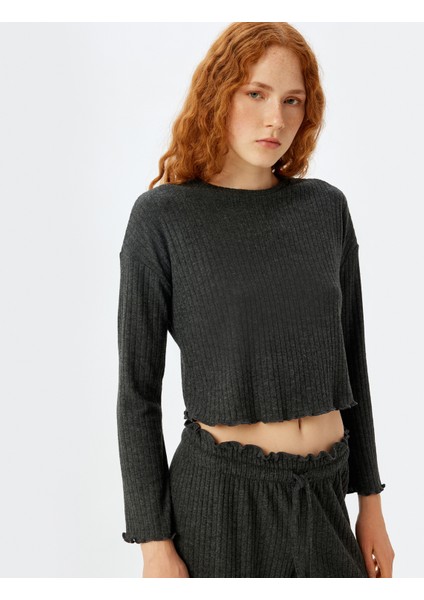 Örme Pijama Üstü Uzun Kollu Bisiklet Yaka Yumuşak Dokulu