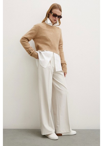 Geniş Paça Pantolon Krem modelleri