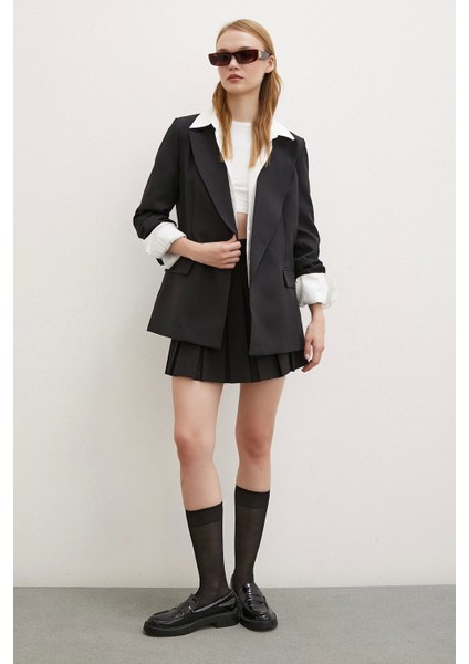 Çizgi Astarlı Cep Kapaklı Blazer Ceket Siyah modelleri