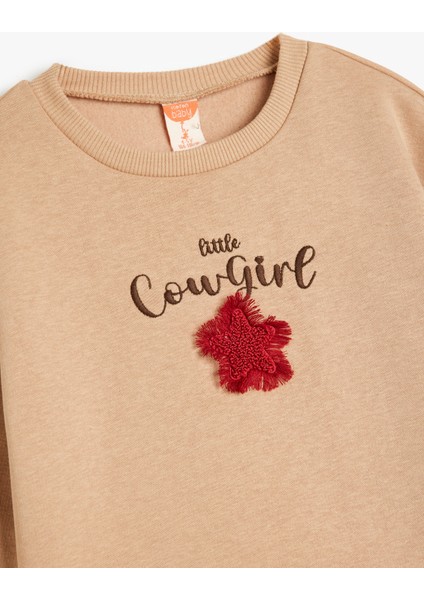 Sweatshirt Uzun Kollu Bisiklet Yaka Aplike Detaylı Pamuklu Şardonlu modelleri