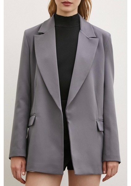 Çizgi Astarlı Cep Kapaklı Blazer Ceket Gri