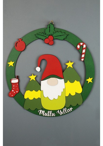 Mutlu Yıllar Temalı Ahşap Yılbaşı Kapı Süsü - Sevimli Noel Baba Desenli