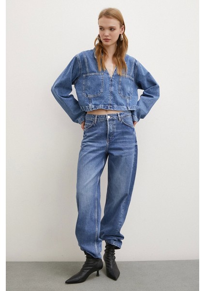 Yüksek Bel Düğme Kapamalı Mom Jean Mavi fiyatları