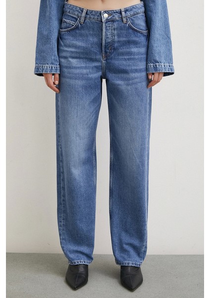 Yüksek Bel Düğme Kapamalı Mom Jean Mavi indirimleri