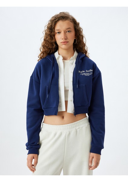 Fermuarlı Sweatshirt Crop Arkası Baskılı Cep Detaylı Slim Fit modelleri