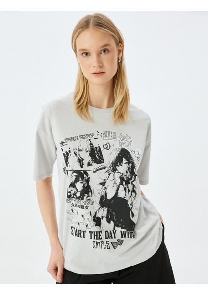 Anime Baskılı Oversize Bisiklet Yaka Kısa Kollu Tişört
