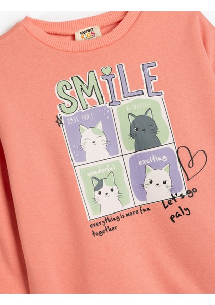 Sweatshirt Kedi Baskılı Uzun Kollu Bisiklet Yaka Şardonlu modelleri