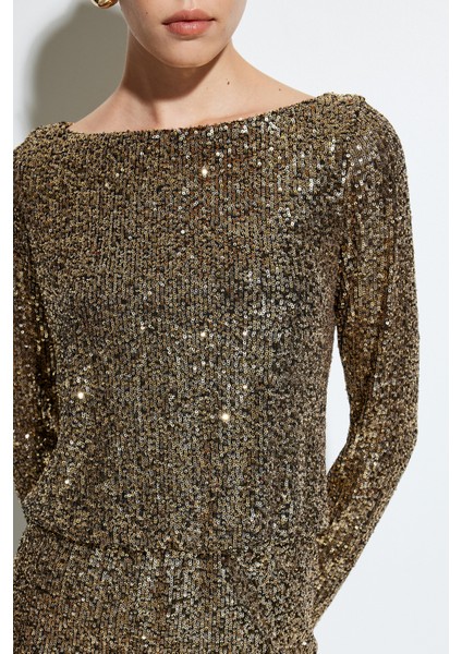 Pullu Payetli Kayık Yaka Uzun Kollu Mini Sırt Detaylı Abiye Elbise indirimleri