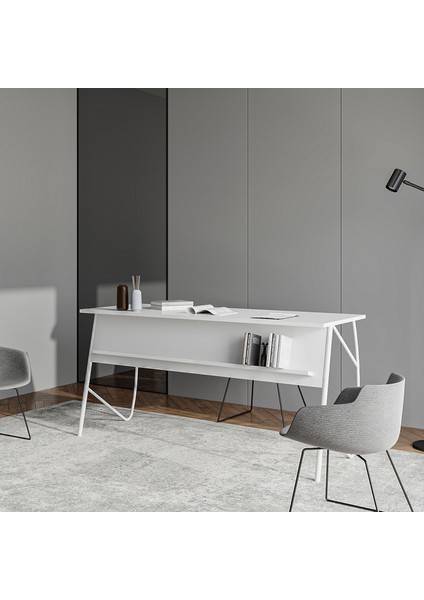 Ella Ofis Masası Beyaz 150 cm Metal Ayaklı Ergonomik Tasarım Modern Stil