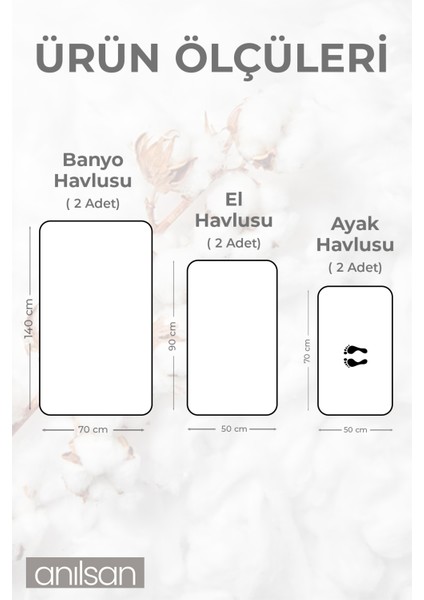 Pamuk 6'lı Havlu Seti - 2 Adet El Havlusu, 2 Adet Banyo Havlusu ve 2 Adet Ayak Havlusu