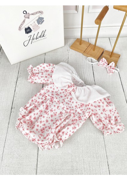 Hobidik Baby Kız Bebek Çocuk Pamuk Poplin Kumaş Pembe Çiçekli Romper Tulum