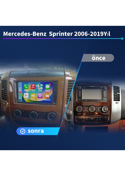 Mercedes Benz Sprinter 2006-2019Yıl Android Sürüm 13 Kablosuz Carplay Navigasyon Multimedya 9 Inç Ekran 4G Ram + 32GB Hafıza Çerçeve ve Arka Görüş Kamerası ile