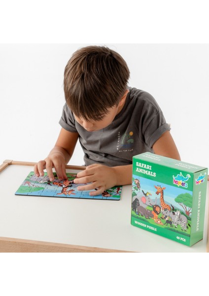 Montessori Safari Animals Ahşap 40 Parça Puzzle Seti/ 1+ Yaş/ Eğitici, Öğretici ve Güvenli Çocuk Oyuncağı