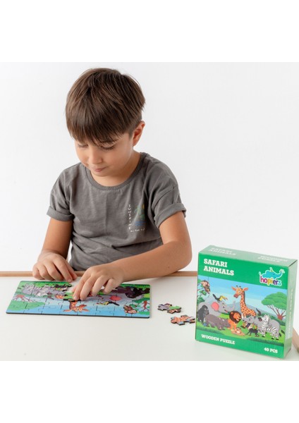 Montessori Safari Animals Ahşap 40 Parça Puzzle Seti/ 1+ Yaş/ Eğitici, Öğretici ve Güvenli Çocuk Oyuncağı