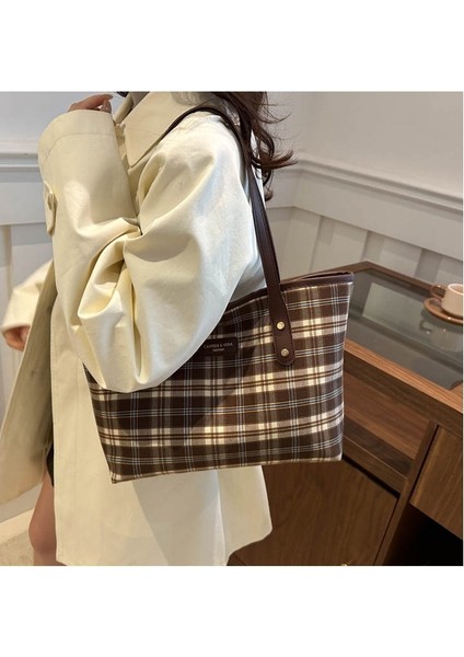 Bayan Tote Çanta Kanvas Omuz Çantası Kadın Kafes Handbags (Yurt Dışından) modelleri