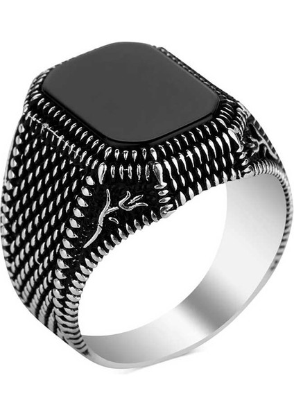 Gümüş Oniks Taşlı Desenli Erkek Yüzük