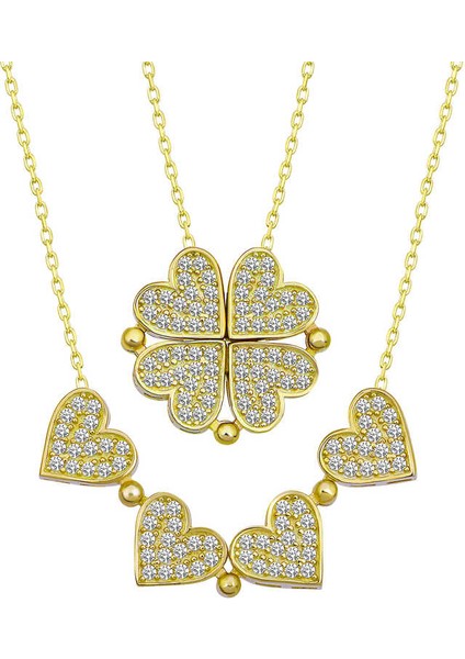 Gümüş Beyaz Taşlı Kalpli Açılabilen Yonca Kadın Kolye modelleri