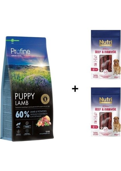 Puppy Lamb Glutensiz Kuzulu Yavru Köpek Maması 12 kg + 2 Adet Nutri Canin Rawhide Dana Eti Sarılı Kemik Köpek Ödülü 80 gr