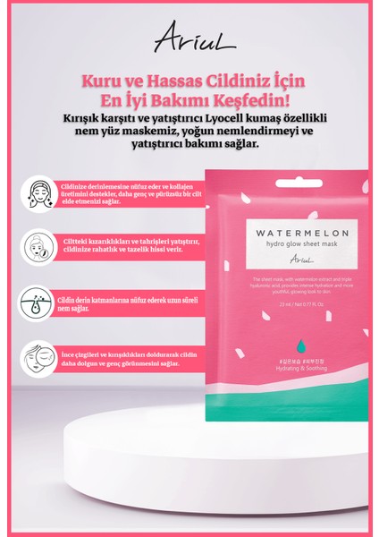 Watermelon Hydro Yüz Maskesi|Kırışıklı Karşıtı, Yatıştırıcı|Liyosel Kumaş, Hyalüronik Asit modelleri