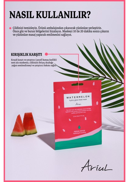 Watermelon Hydro Yüz Maskesi|Kırışıklı Karşıtı, Yatıştırıcı|Liyosel Kumaş, Hyalüronik Asit fırsatları