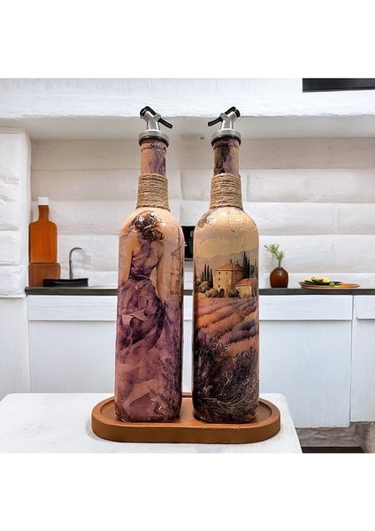 Lila Kadın Desenli 750 ml Zeytinyağı Sıvıyağ Şişesi Yağdanlık Yağlık Sirkelik Sosluk 2'li Set