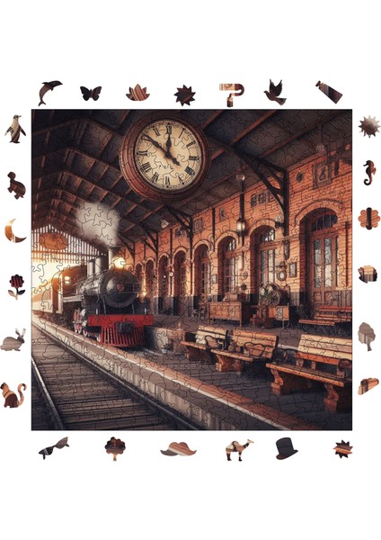 Eski Tren Istasyonu Ahşap Puzzle Yetişkin Benzersiz Parçalı Yapboz Puzzle Yapıştırıcılı S1-22