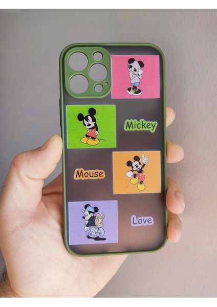 iPhone 12 Pro Uyumlu Kamera Korumalı Mickey Mouse Tasarım Tuşları Renkli Yeşil Kılıf
