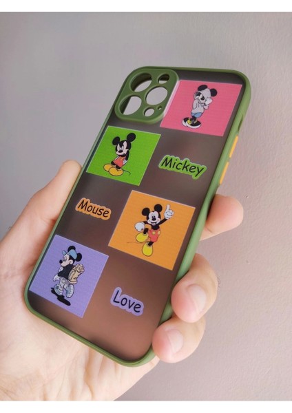 iPhone 12 Pro Uyumlu Kamera Korumalı Mickey Mouse Tasarım Tuşları Renkli Yeşil Kılıf modelleri