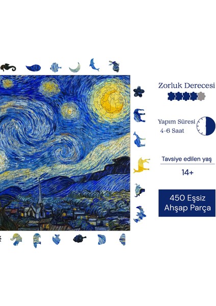 Van Gogh Yıldızlı Gece Ahşap Puzzle Yetişkin Benzersiz Parçalı Yapboz Puzzle Yapıştırıcılı R1-12