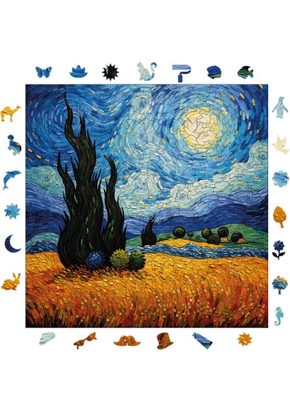 Van Gogh Yıldızlı Gece Reprodüksiyonu Ahşap Puzzle Yetişkin Benzersiz Parçalı Yapboz Puzzle S1-35