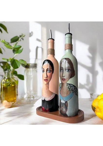 Kadın Desenli 750 ml Zeytinyağı Sıvıyağ Şişesi Yağdanlık Yağlık Sirkelik Sosluk 2'li Set