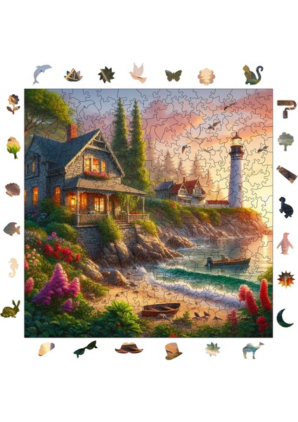 Deniz Feneri ve Taş Ev Ahşap Puzzle Yetişkin Benzersiz Parçalı Yapboz Puzzle Yapıştırıcılı S1-23