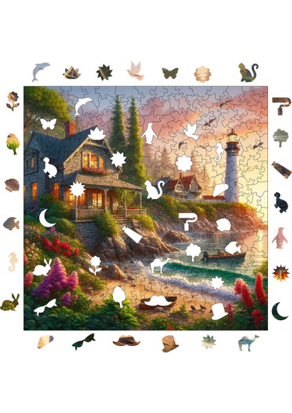 Deniz Feneri ve Taş Ev Ahşap Puzzle Yetişkin Benzersiz Parçalı Yapboz Puzzle Yapıştırıcılı S1-23