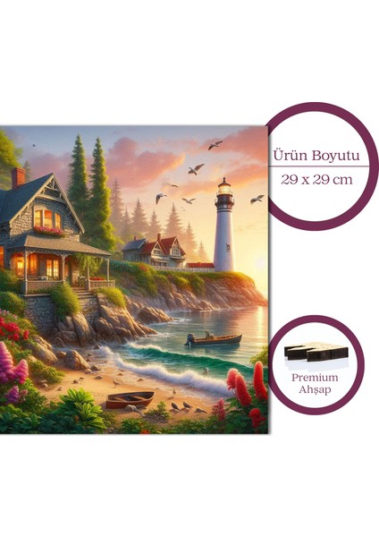 Deniz Feneri ve Taş Ev Ahşap Puzzle Yetişkin Benzersiz Parçalı Yapboz Puzzle Yapıştırıcılı S1-23