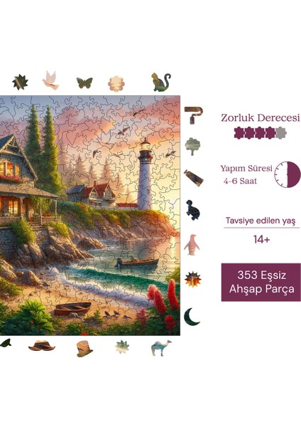 Deniz Feneri ve Taş Ev Ahşap Puzzle Yetişkin Benzersiz Parçalı Yapboz Puzzle Yapıştırıcılı S1-23