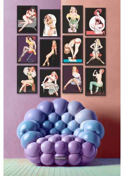 Renkli ve Retro Pin-Up Kız Çizimleri ile 12 Parça Mdf Tablo Seti Evinize Enerji Katın