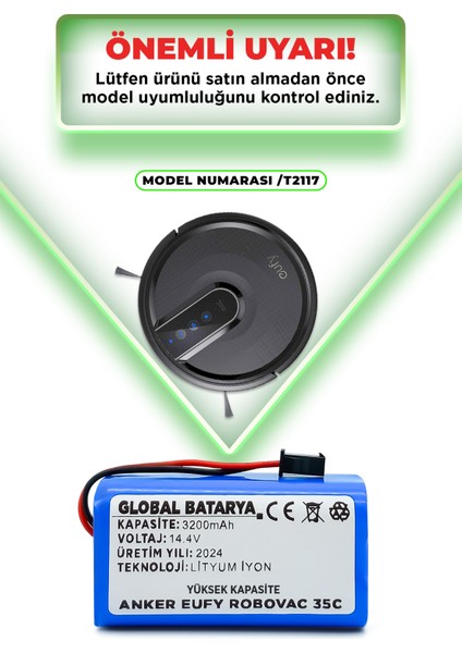 Global Batarya Anker Eufy Robovac 35C Uyumlu Robot Süpürge Bataryası 14.4v 3200mAh Li-ion Pil (Yüksek Kapasite)