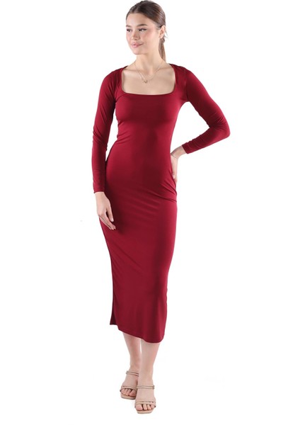 385 Kare Yaka Elbise Bordo fiyatları