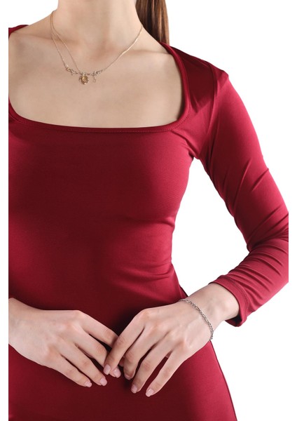 385 Kare Yaka Elbise Bordo fırsatları